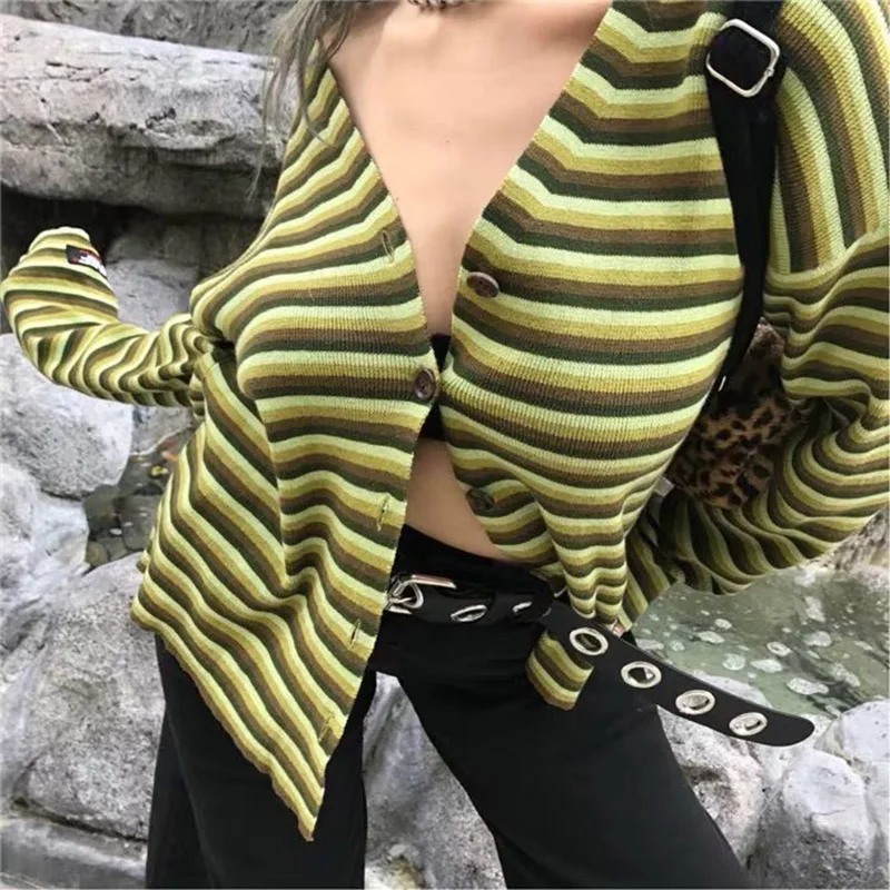 

Early Autumn Cardigan Women Top V Neck Striped Knitted Jumper Pull Femme Jersey Mujer