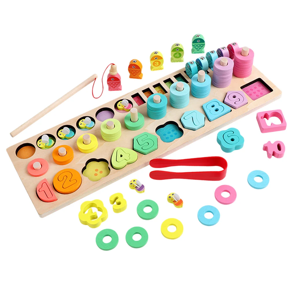 Montessori Wood Blocks Puzzle Board Game Set for Toddlers Kids Early Development, Colors & Numbers Recognition Toy, 5-IN-1