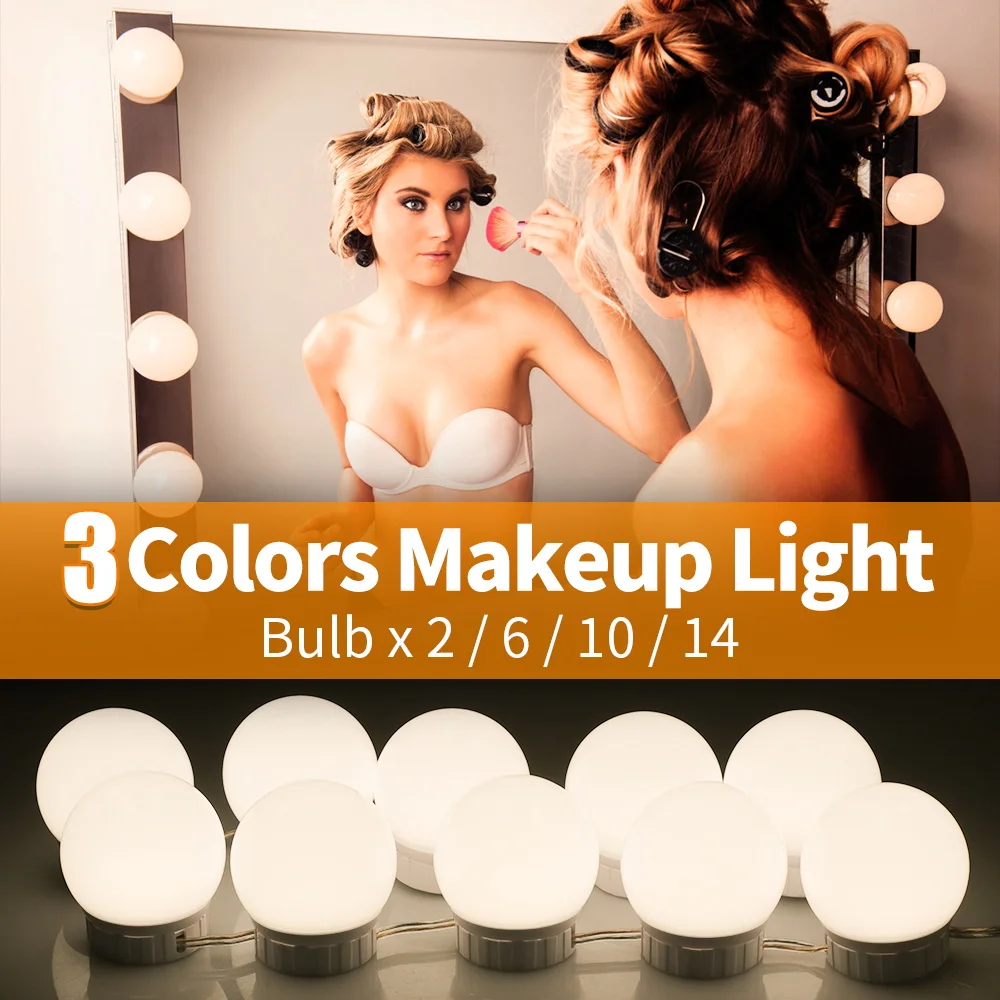

LED Hollywood Makeup Mirror Light Bulb 3-Colors Dimmable Dressing Table Lamp USB 12V Bathroom Vanity Lights LED Cosmetic Ampoule