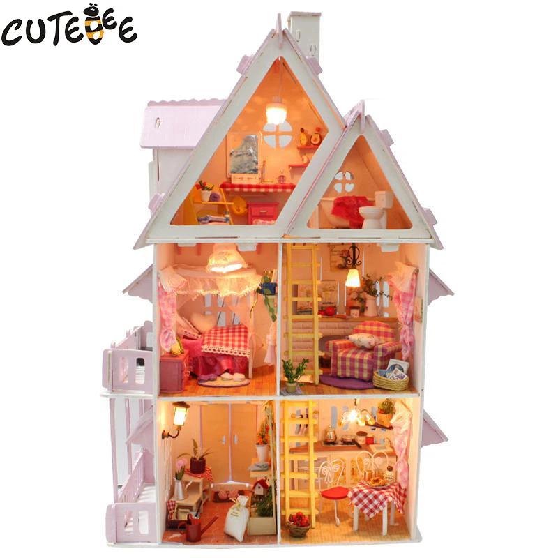 

Hot Sale DIY Doll House Wooden Miniatura dollhouse Miniature Doll House With Furniture Kit Villa LED Lights Birthday Gift x-001