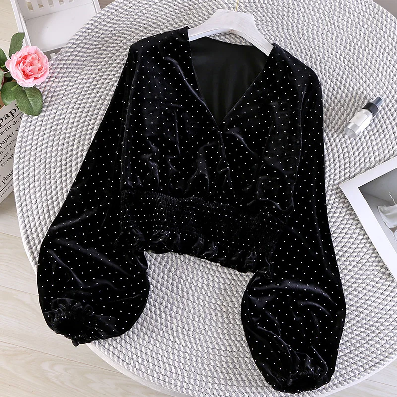 Women Blouse Shirt Женская плиссированная Вельветовая рубашка с v-образным вырезом, пышными рукавами-фонариками и блестками, винтажный короткий эластичный тонкий пуловер, блузка, топы - Цвет: Women Blouse Shirt