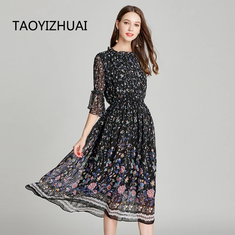Новое поступление длинное шифоновое женское платье TAOYIZHUAI с рукавом до локтя