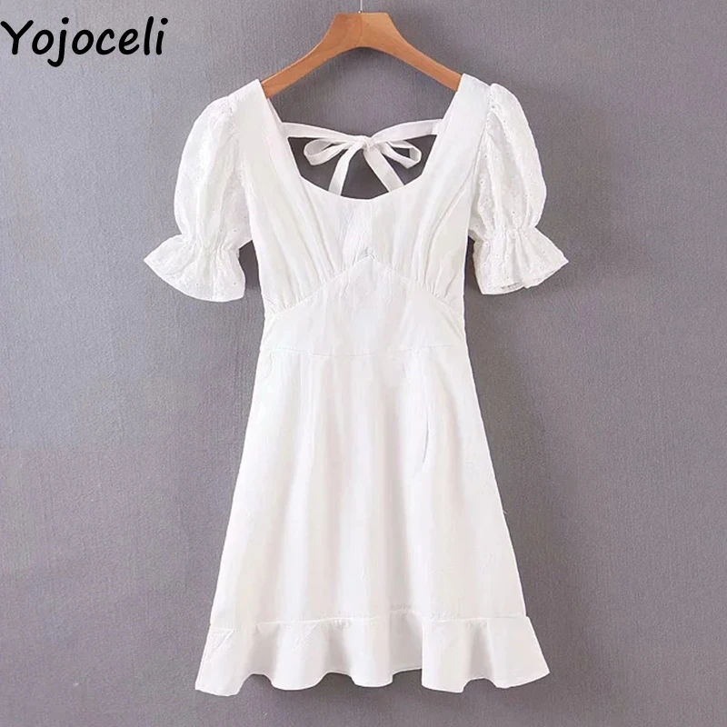 Yojoceli, сексуальное платье с бантом и оборками, белое кружевное платье с вышивкой, повседневное элегантное короткое пляжное платье, летние женские вечерние платья vestidos