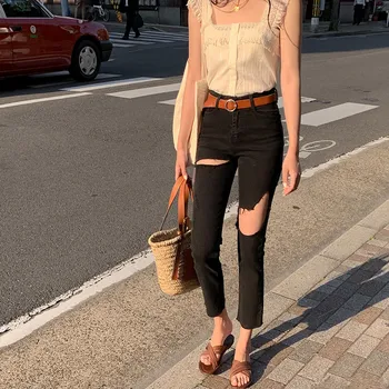 

Jeans Women Ripped Hole High Waist Zipper Fly Straight Ankle-length Womens Trousers Basic Bottoms Black Jean Femme Chic