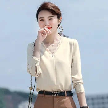 

Women shirt + pants Two Piece Sets Slim sweet Profession shirt+skirt 2020 Autumn pullover wild V-neck shirts Suit Female