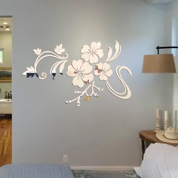 

3d stereo mirror wall sticker hibiscus silver