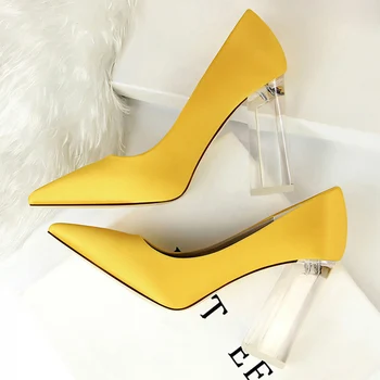 

2020 Plus Size 43 Women Block 10cm High Heels Lady Scarpins Green Satin Clear Pumps Wedding Yellow Blue Silk Transparent Shoes