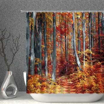 

Fall Forest Shower Curtain Autumn Trees Woodland Nature Season Red Gold Grey Decor Fabric Bathroom Curtains,70x70 Inch