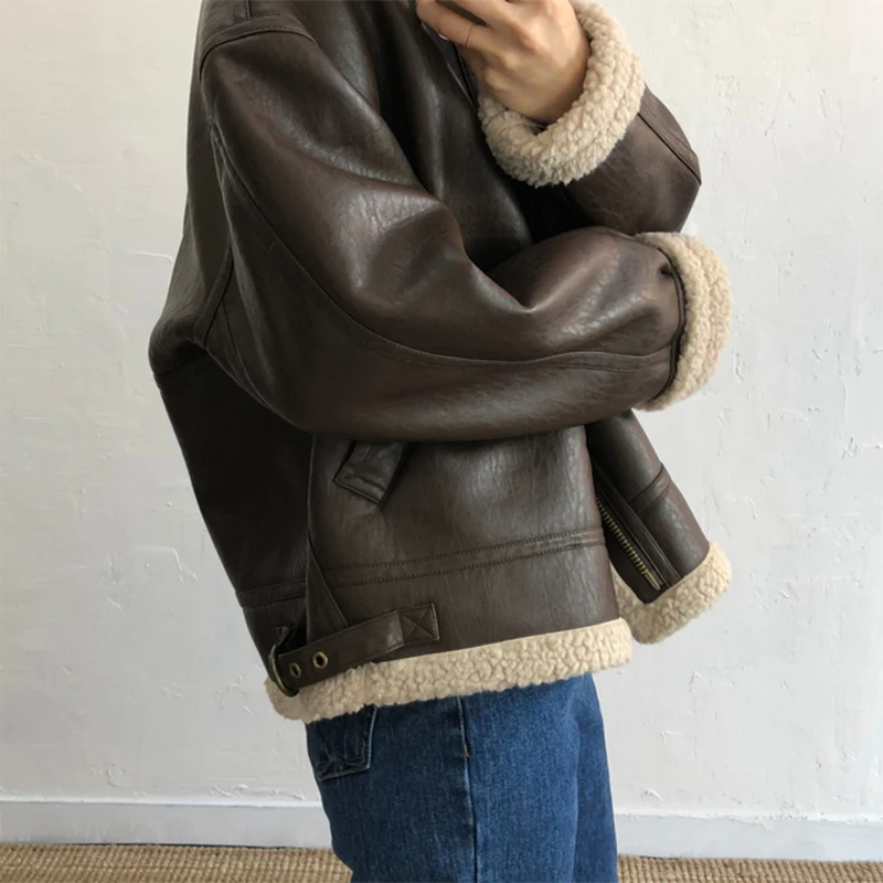 SHENGPALAE Chic Autumn Winter Coat Handsome Keep Warm Lamb Jacket Leather Loose Coat Korean Fashion Woman Clothing FV683