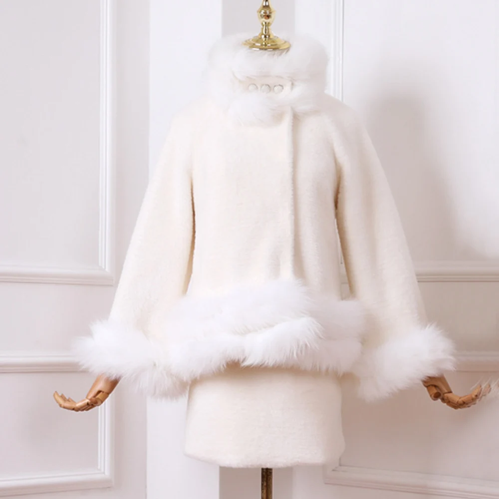 Роскошные зимние вечерние пальто из искусственного лисьего меха с меховым воротником; модная женская верхняя одежда; комплект из двух предметов; короткая юбка; пальто с длинными рукавами - Цвет: Apricot