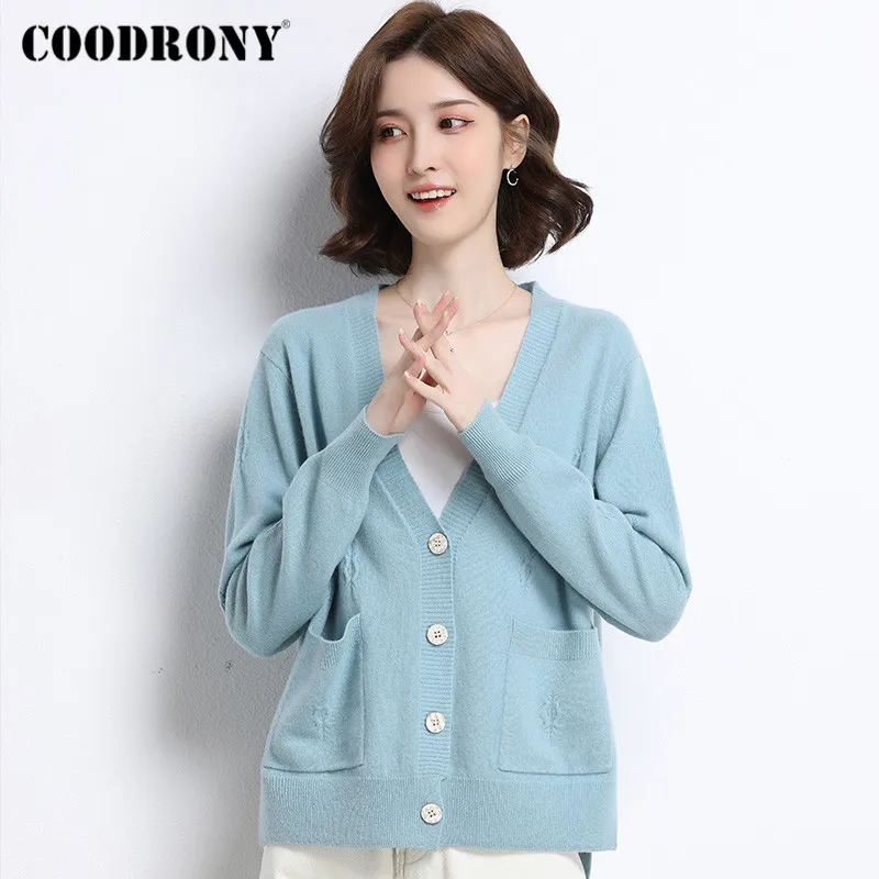 

COODRONY Brand Cardigans Female Streetwear 100% Merino Wool Women's Clothing 2020 Autumn Winter Slim Sweaters With Pocket W1030