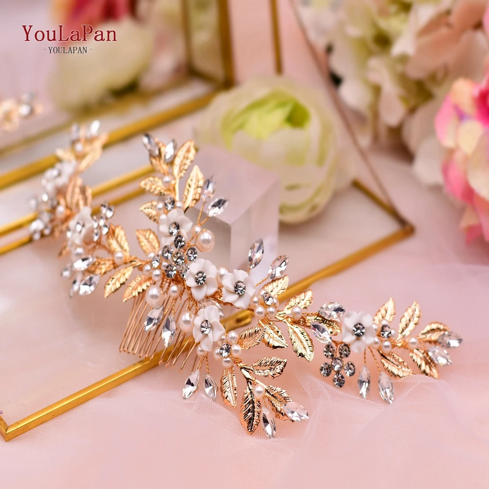 YouLaPan Gold Floral Wedding Hair Comb Bridal Crystal Pearls Headpiece Hair Accessories Bride Jewelry Women Clips HP368
