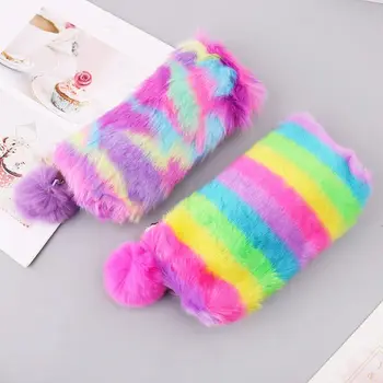 

2019 Cute Multi-Color Rainbow Pencil Case Women Girls School Supplies Faux Rabbit Fur Ball Makeup Storage Pompom Cosmetic Bag
