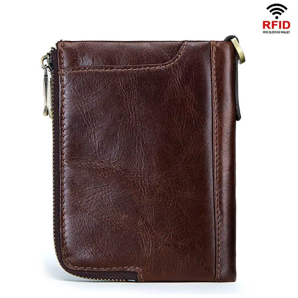 

2019 Genuine leather anti-theft brush men's wallet multi-function double zipper vertical fashion casual coin purse free shipping