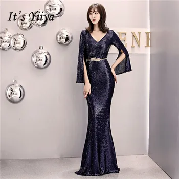 

V-Neck Evening Gown It's Yiiya DX315 Long Sleeve Mermaid Evening Dress 2020 Floor-Length Sequined Zipper Robe De Soiree