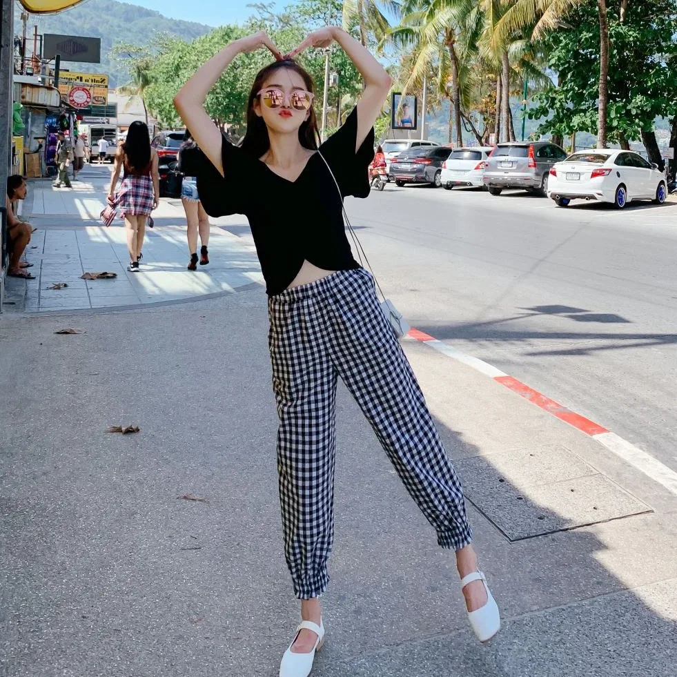 

Photo Shoot CHIC Funny GIRL'S Plaid High-waist Ankle-length Baggy Pants Cool Cross Cutout-Waist V-neck T-shirt by Age Set