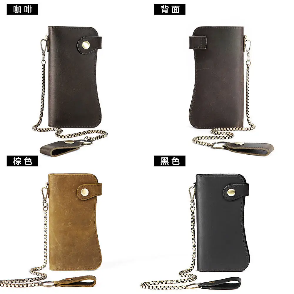 Crazy horse leather mens clutch bag Long wallet Vintage men's leather Chain security wallet Business billfold mens wallet