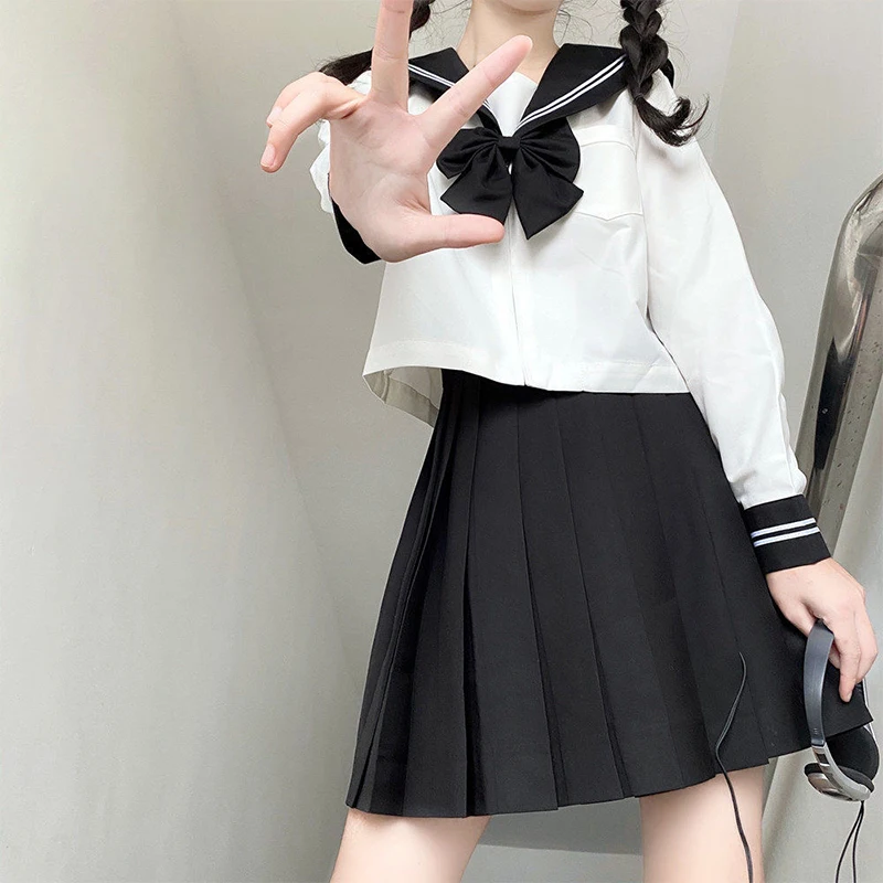 Japanese School Girl Uniform Plus Size JK Black Sailor Basic Cartoon Navy Sailor Uniform sets Navy Costume Women girl costume