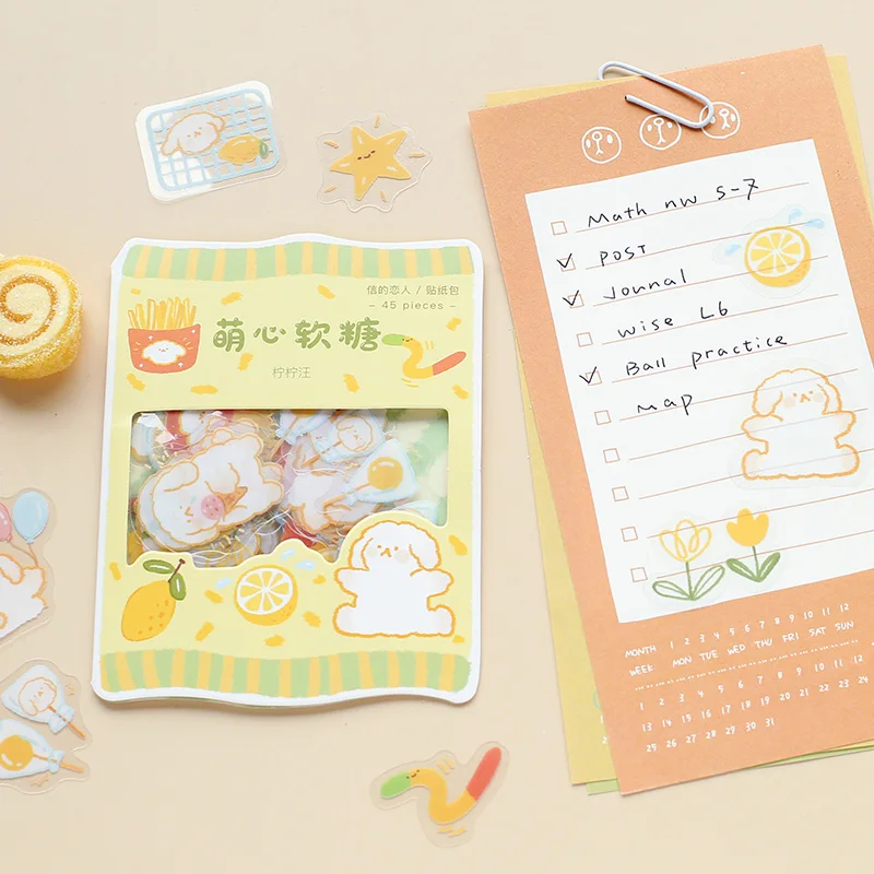 45pcs Kawaii Cute Stickers Korean Stationery Cartoon Stickers Bullet Journaling Decoration Diary Album Stickers Waterproof