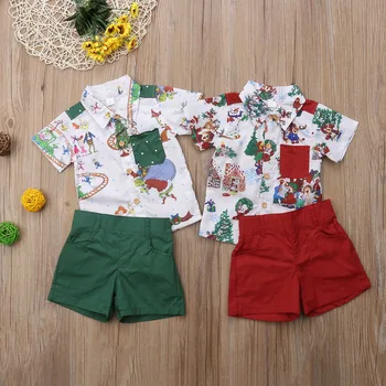 

2020 Christmas Kids Baby Boys XMAS Clothing Santa Tops Shirt Shorts 2PCS Outfits Set