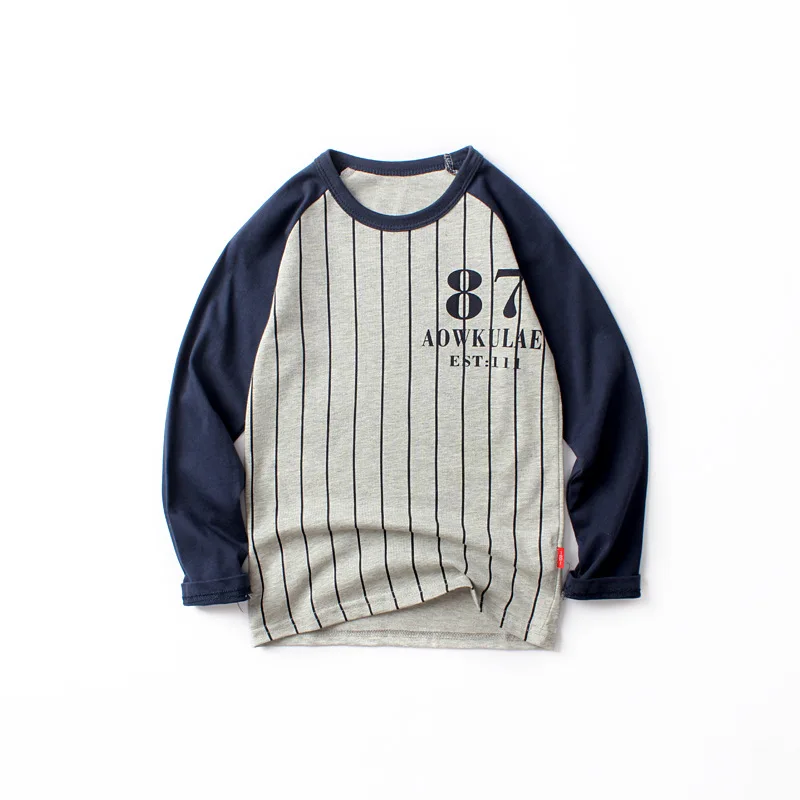 GLO-STORY, Осенние Топы для мальчиков, полосатые футболки в стиле пэчворк с надписями, детская одежда, хлопок, 120-160 см - Цвет: Grey