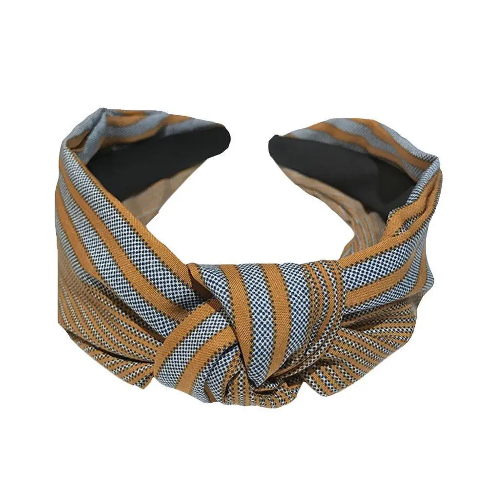 brown headband Женская тканевая повязка на голову, Классическая Полоска, широкая боковая повязка на голову, широкий узел, крученый обруч для волос, аксессуары - Цвет: brown headband