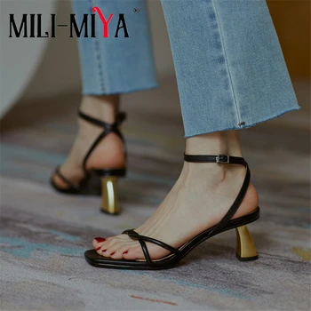 

MILI-MIYA Concise Design Women Full Genuine Sandals Solid Color Buckle Strap Ankle Wrap Square Toe Dress Party Summer Shoes