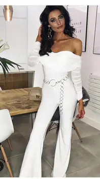

High Quality White Slash Neck Long Mesh Sleeve Rayon Bandage Jumpsuit Evening Party Jumpsuit