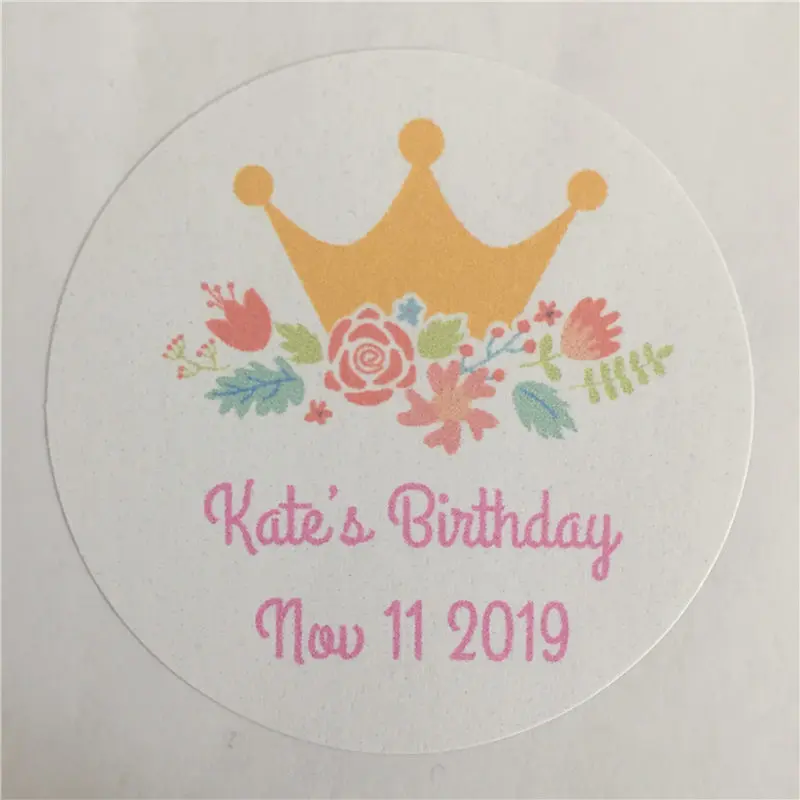 

100 Pieces Custom Crown Sticker Personalized Princess Birthday Gift Adheive Seals Decoration Round Labels