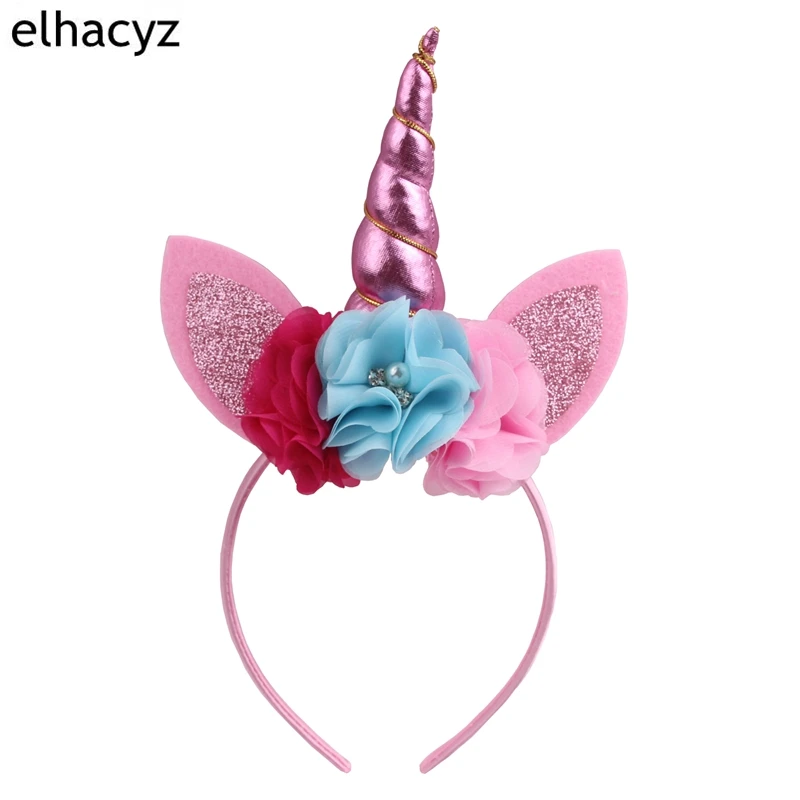 1PC Unicorn Headband Girls' Tiaras Hair Band Flower Headwear Glitter Ears Party DIY Hair Accessories For Children