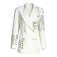 

2021 Clothing Women White Hollow Out Double Breasted Blazer New Lapel Long Sleeve Slim Jacket Casual Fashion Female Autumn