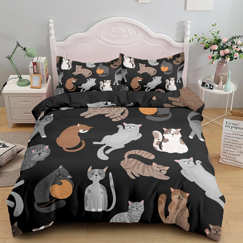 Cartoon Funny Cat Duvet Cover Sets Double Single Bedding Set Soft Comforter Covers With Pillowcase 2/3PCS