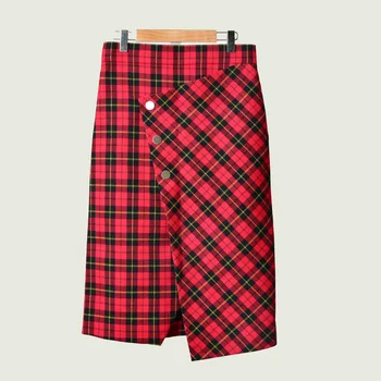 

Women's Plaid Midi Skirt Split Irregular Retro British Style Ladies Skirts with Button for Spring Autumn