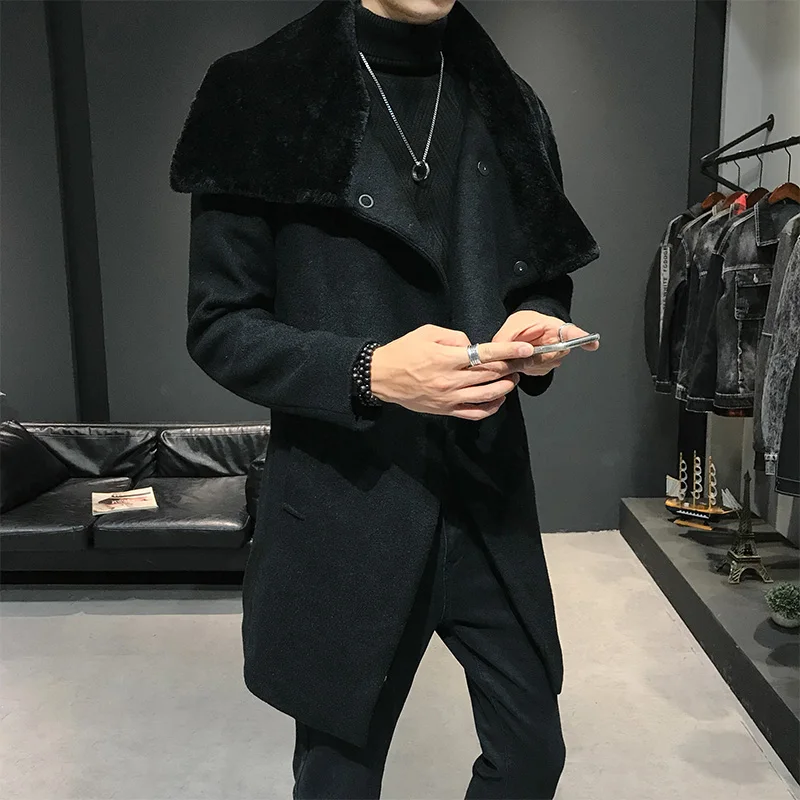 Модное шерстяное пальто с одной пуговицей, длинная куртка, повседневное Мужское пальто с меховым воротником, теплое пальто-Тренч, куртки