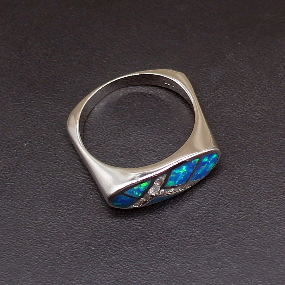 Gemstonefactory Jewelry Big Promotion Single Unique 925 Silver Cubic Zirconia Blue Opal Women Gifts Band Rings 8.5# 20214428