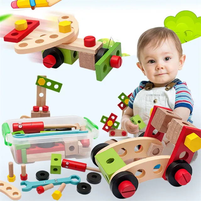 28PCS/Set Kids Wooden Screw Nut Puzzle Toy DIY Disassembly Toolbox Assembled Building Blocks Educational Wood Toys For Boys Gift 1
