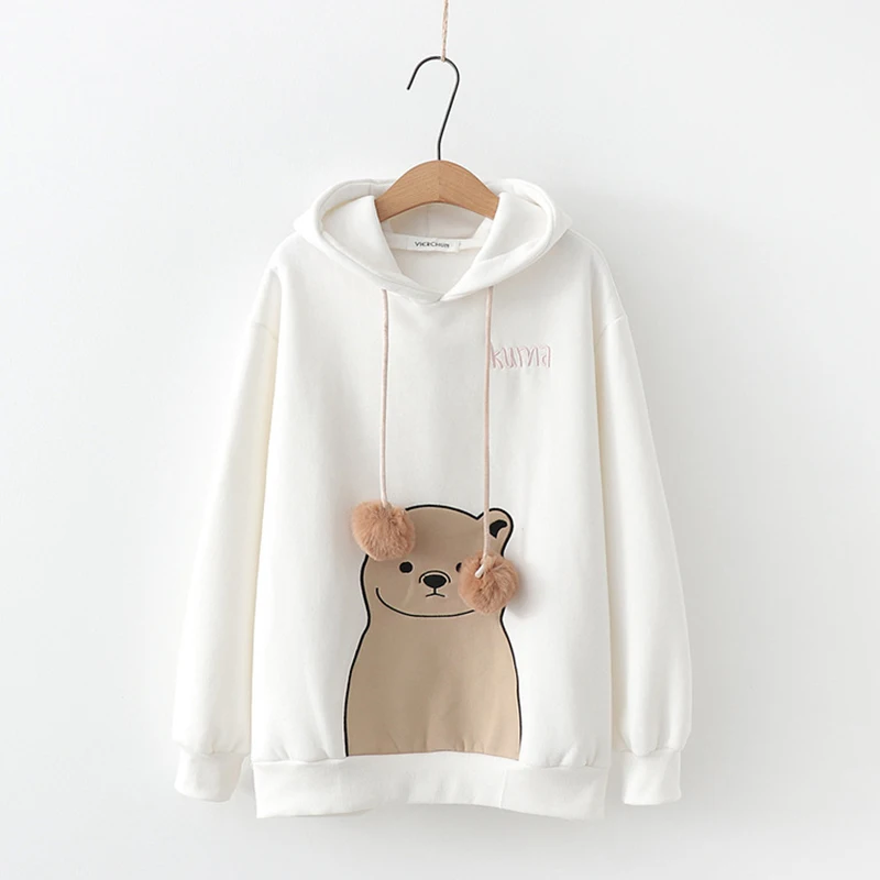 Белый Harajuku Kawaii толстовка с капюшоном и медвежьими ушками, свободные толстовки с длинными рукавами, бархатная Толстая Повседневная Толстовка с капюшоном для девочек, женская одежда, пуловер - Цвет: Белый