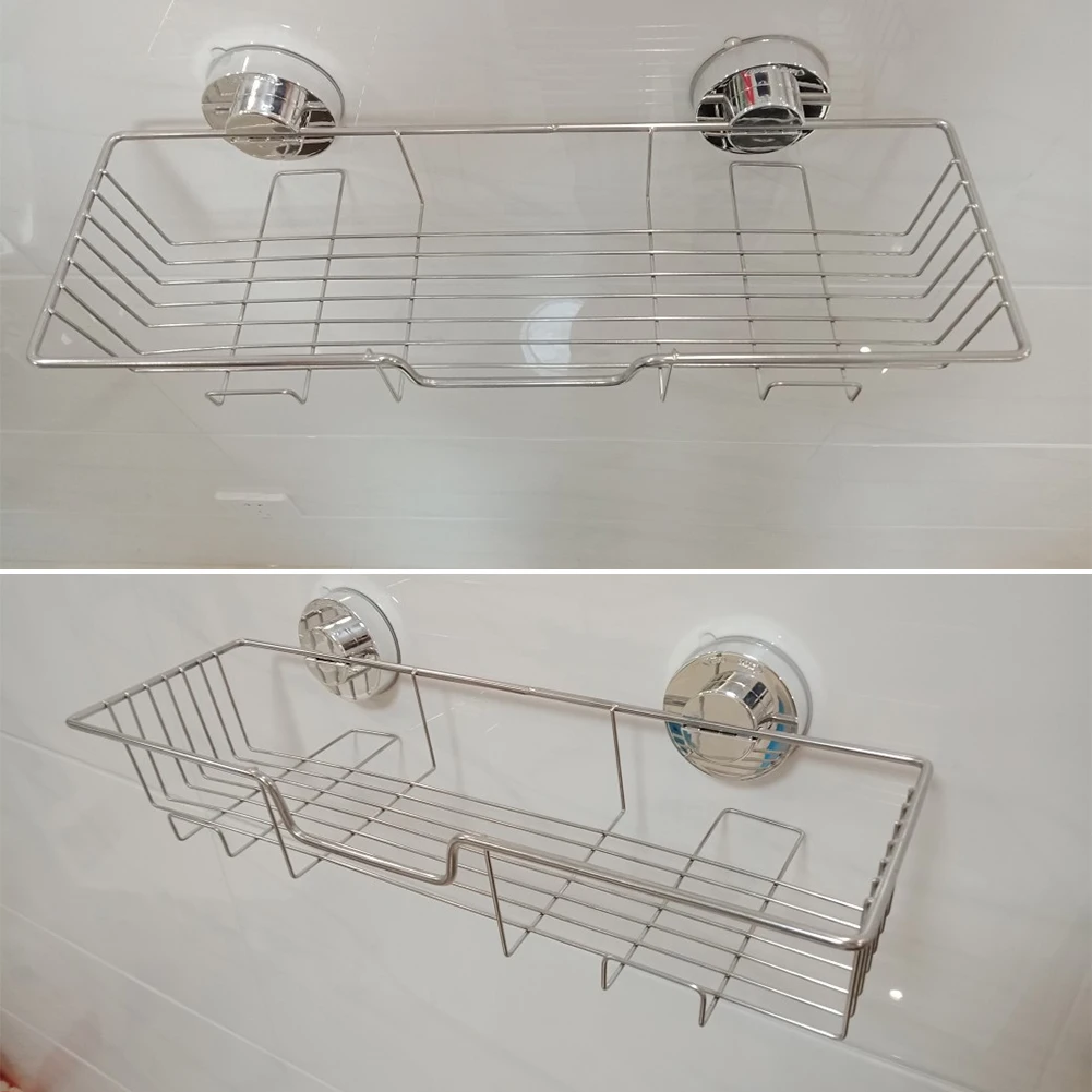 Bathroom Shelf Organizer Stainless Steel Wall Mounted Toilet Shampoo Holder No Drill With Vacuum Suction Cup Shower Storage Rack 4