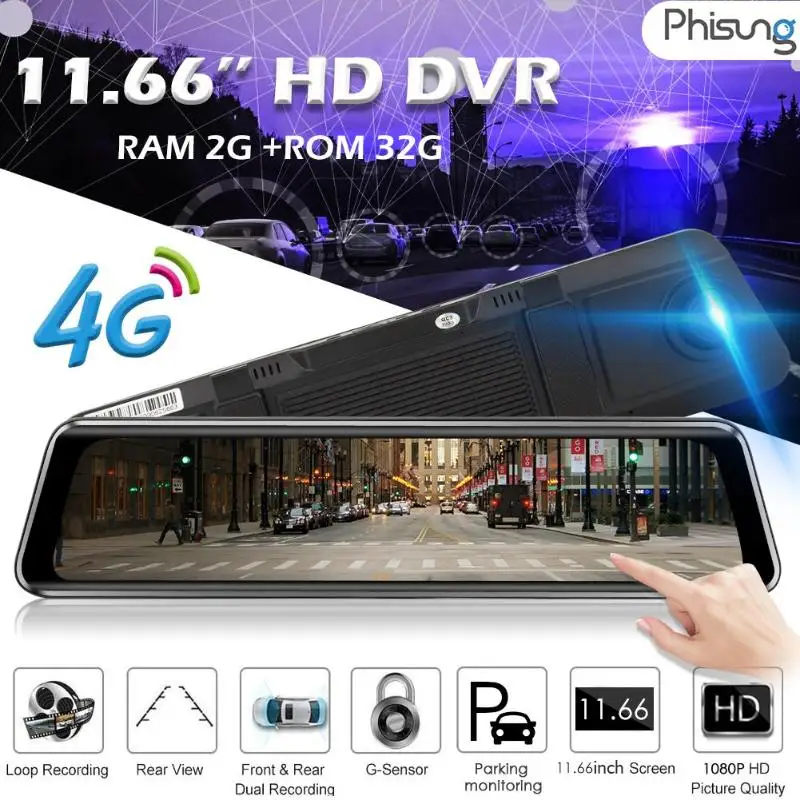 Phisung Z66 4G Android 8,1 FHD 1080P 11,66 дюймов Автомобильный видеорегистратор Камера заднего вида зеркало 2 объектива WiFi gps ADAS видеорегистратор