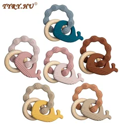 TYRY.HU Cartoon Octopus Whale Pendant Bracelet Teething Wood Ring Baby Rattle Toys Nursing Baby Silicone Teether Ring BPA Free