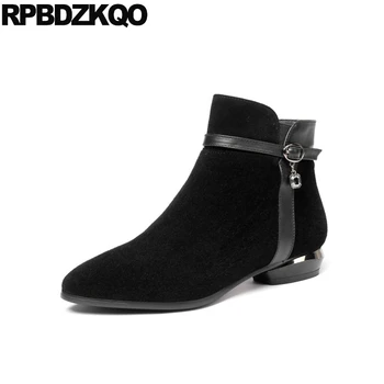 

chunky ankle pointed toe suede booties designer shoes women luxury 2019 plus size thick black fur 10 block fashion boots big mid