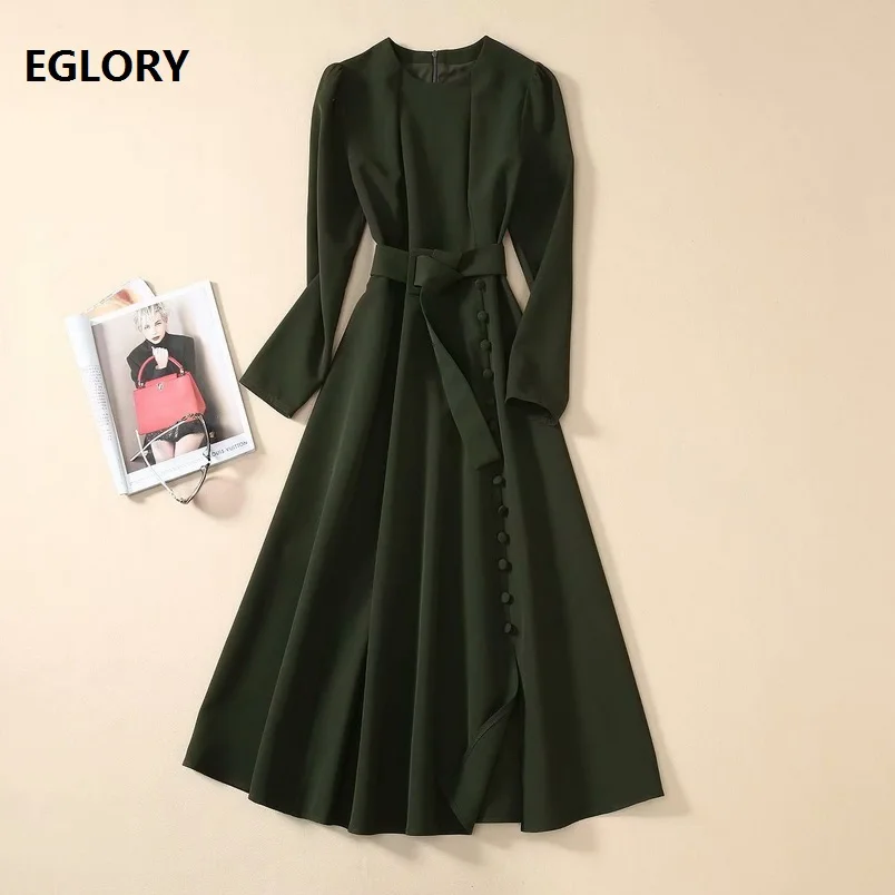 Wholesale Price ExeGs Princess Women's Dress 2020 Spring Fashion Office Lady O Neck Tunic Buttons Up Long Sleeve Mid Calf Length Army Green Dress