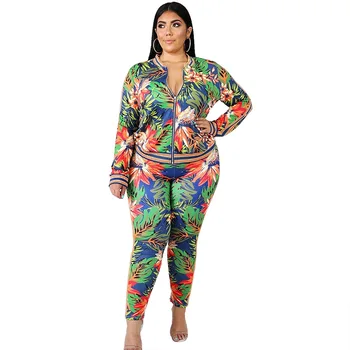

Plus Size Loose Casual Autumn 2 Two Piece Set Zip Coat and Striped Pants Female Matching Suit Women Sets Wholesale Dropshippping
