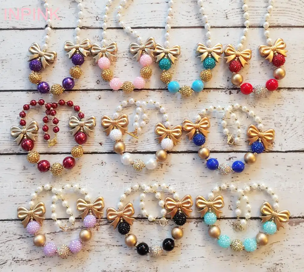 

INPINK Baby Chunky Bubblegum Necklace Colorful+Gold Bow Beads Necklace for Girls Kids Toy