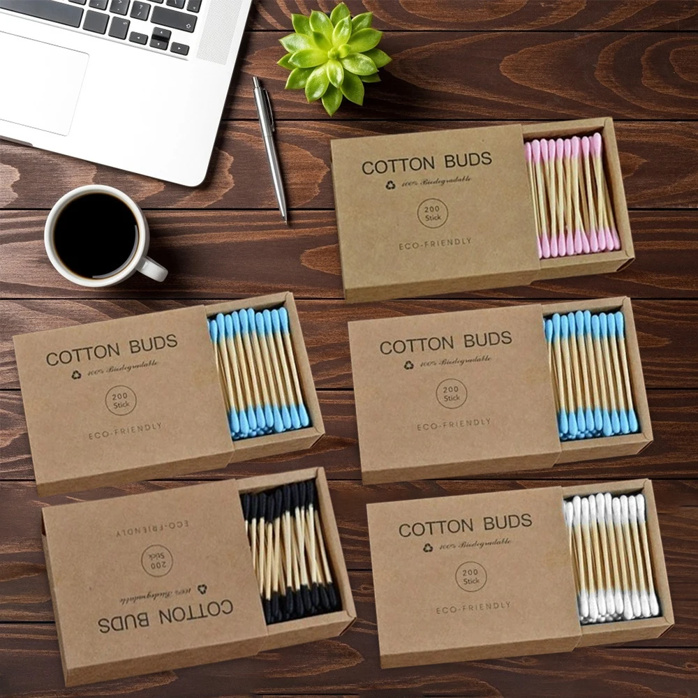 

1000Pcs/5 box color mix Bamboo Cotton Double Head Adults Makeup Cotton Swab Microbrush Wood Sticks Nose Ears Cleaning Health