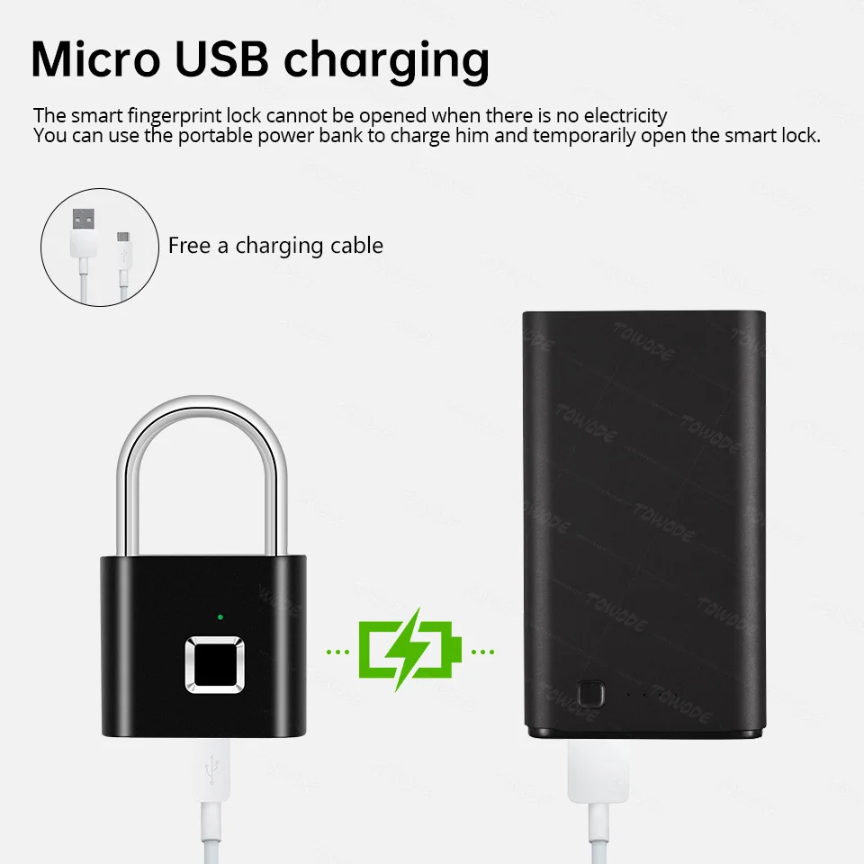 Towode 1/2Pcs Keyless USB Rechargeable Door Lock Fingerprint Smart Padlock Quick Unlock Zinc alloy Metal Self Developing Chip