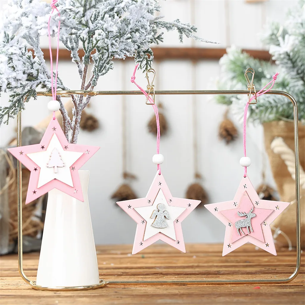 

New Fashion Style Christmas Pink Wooden Five-Pointed Star Pendant Creative Small Tree Pendant Christmas Gifts for Family Friends