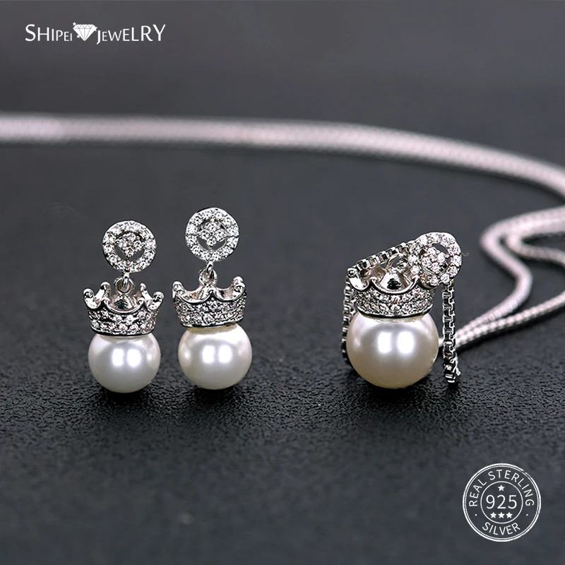 Shipei Корона жемчужный ювелирный набор ожерелье серьги для женщин стерлингового серебра 925 натуральный жемчуг ювелирный набор