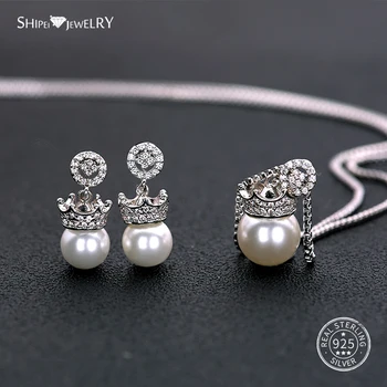 

Shipei Crown Pearl Jewelry Set Necklace Earrings for Women 100% 925 Sterling Silver Natural Pearl Jewelry Set