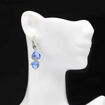 

35x10mm SheCrown Pretty Created Rich Blue Violet Tanzanite White CZ Gift For Ladies Silver Earrings